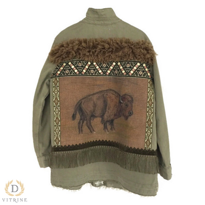 Veste en jean à ornements kaki style buffle western