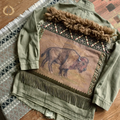 Veste en jean à ornements kaki style buffle western