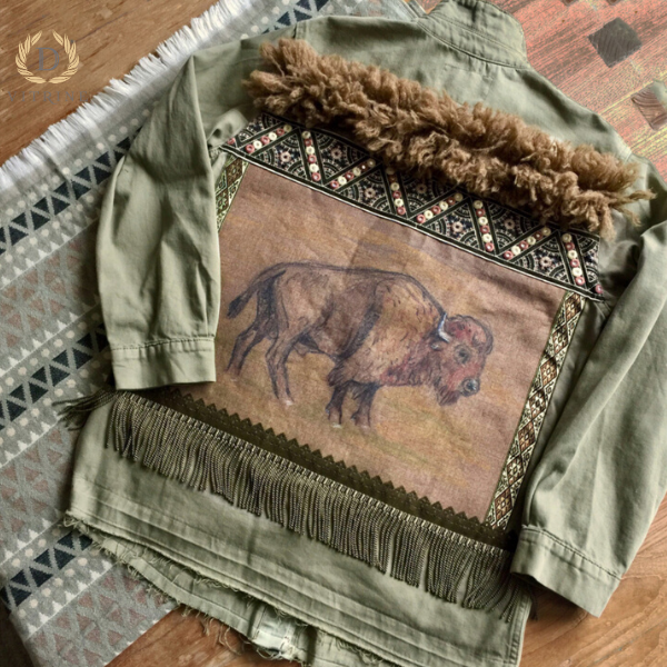 Veste en jean à ornements kaki style buffle western