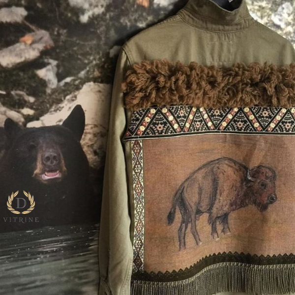 Veste en jean à ornements kaki style buffle western
