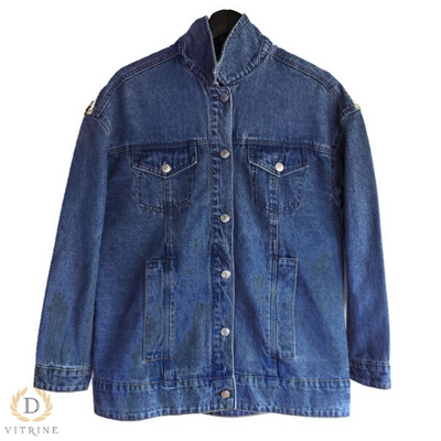 Veste en jean ornée de têtes de taureau avec fausse fourrure