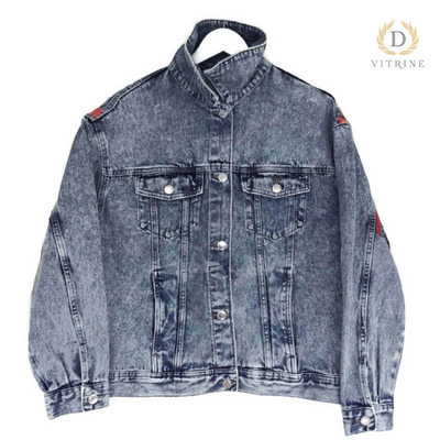 Veste en jean à ornements boho orange bleu avec franges