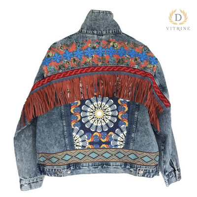 Veste en jean à ornements boho orange bleu avec franges