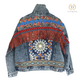 Veste en jean à ornements boho orange bleu avec franges