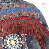 Veste en jean à ornements boho orange bleu avec franges
