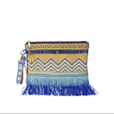 Pochette Boho en bleu et jaune ocre avec franges