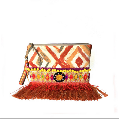 Pochette Boho en orange et jaune avec frange