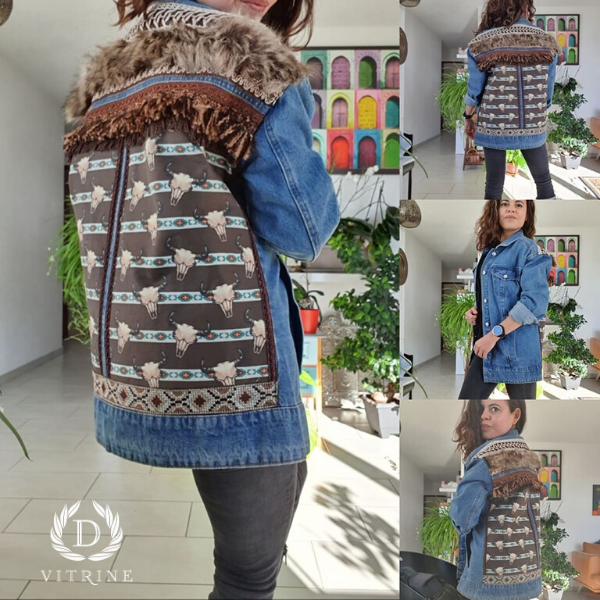 Veste en jean ornée de têtes de taureau avec fausse fourrure