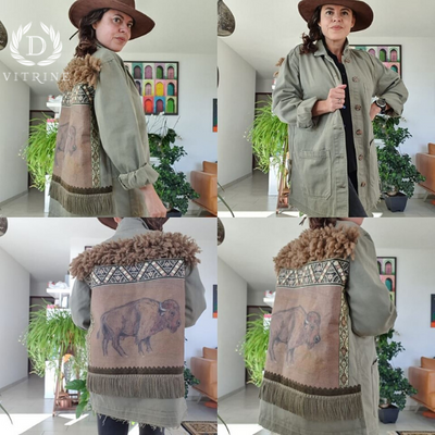 Veste en jean à ornements kaki style buffle western