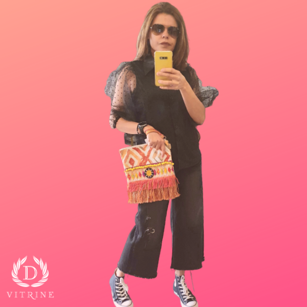 Pochette Boho en orange et jaune avec frange