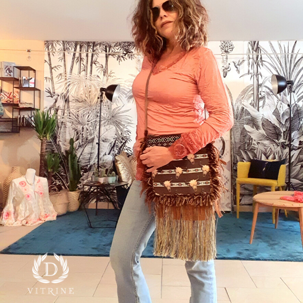 Sac festival taureaux à longue frange en marron